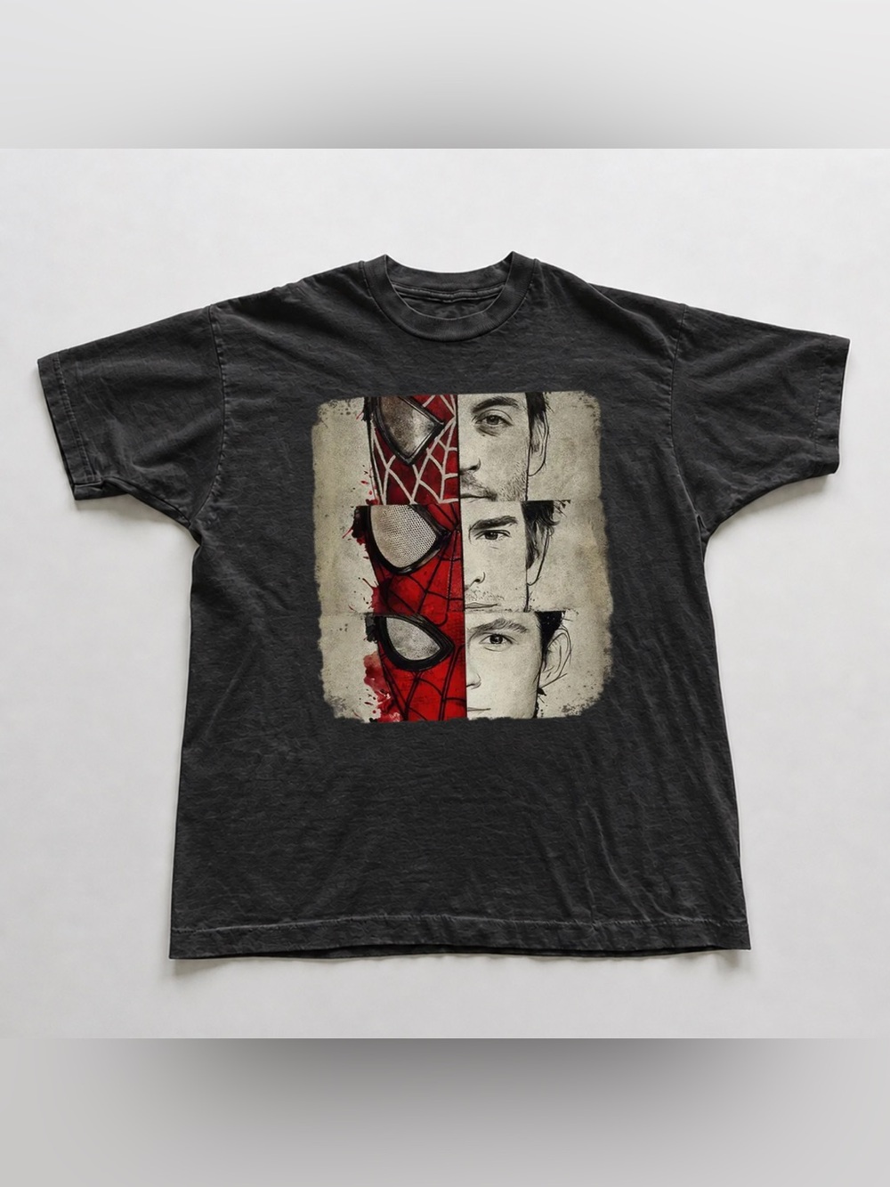 Black Tee with Red Spider-Man Split Face Graphic